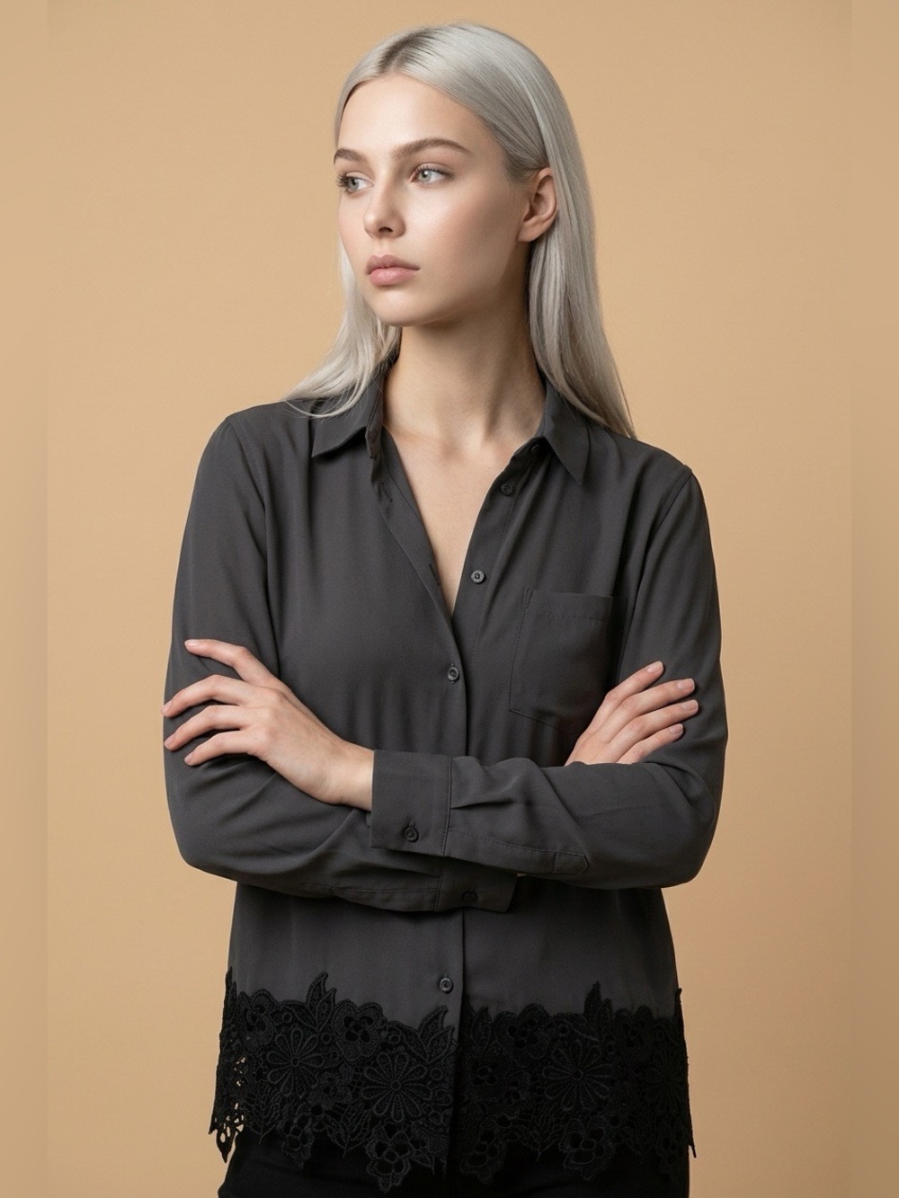 Equipment Femme Lace-Edged Silk Shirt, Size M